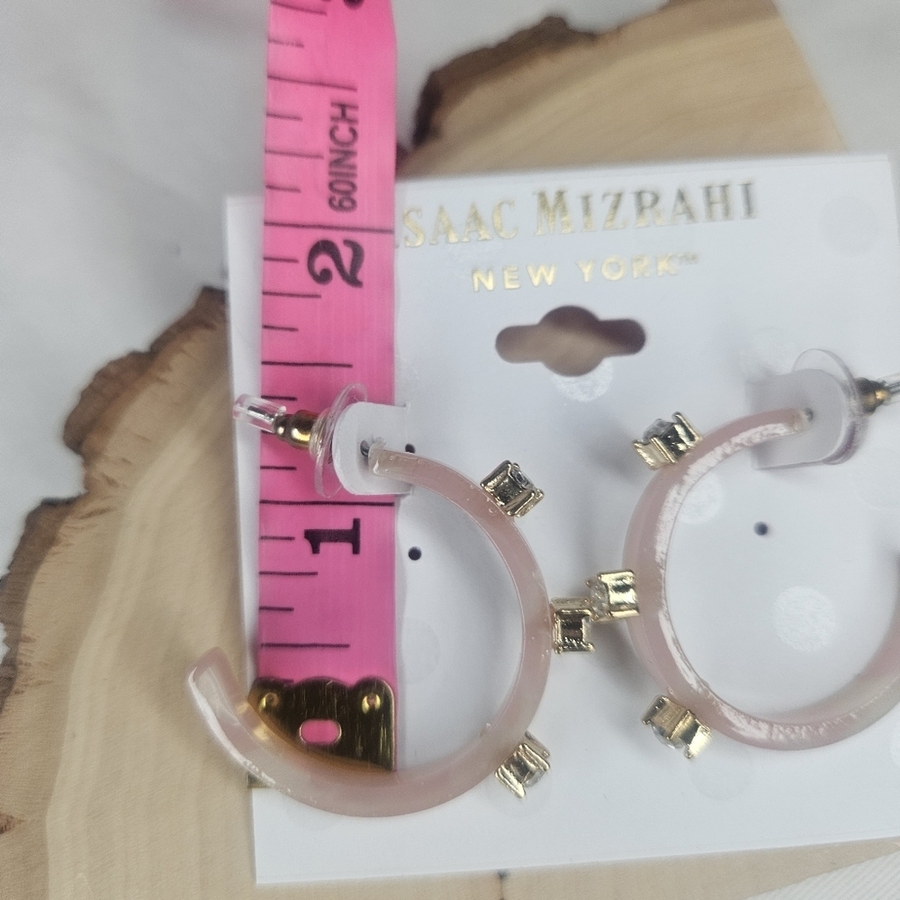 Isaac Mizrahi Rhinestone And Pink Cow Print Acrylic Hoop Earrings NWT Retail $40 - Picture 6 of 6